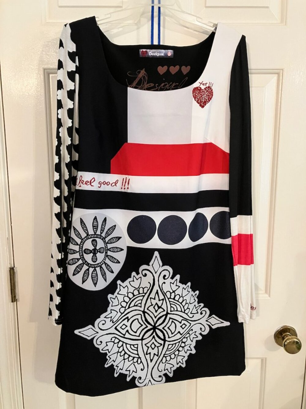 Desigual Black White Red Grey I Feel Good Long Sleeve Sheath Dress Size 42 US 10